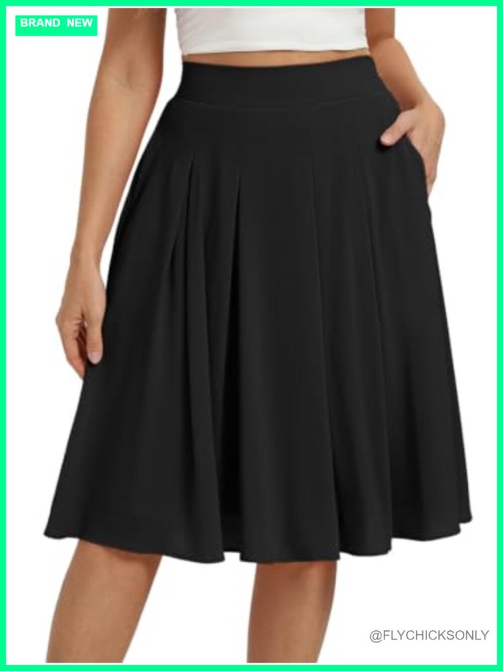 High Waist Pleated A Line Skirt Below Knee Length Flowy Chiffon with Pockets